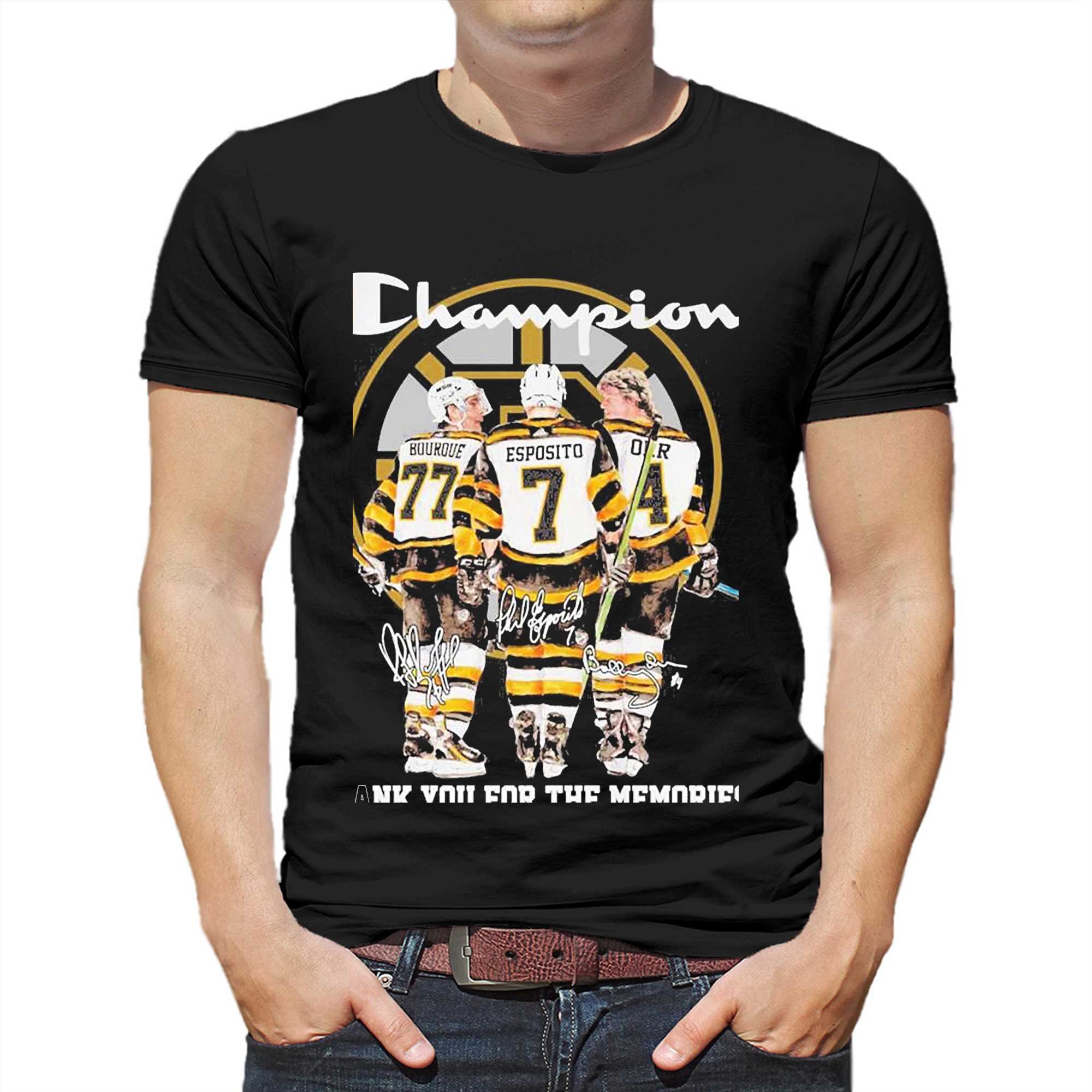 Champions Ray Bourque Phil Esposito and Bobby Orr Boston Bruins signatures  shirt, hoodie, sweater, long sleeve and tank top