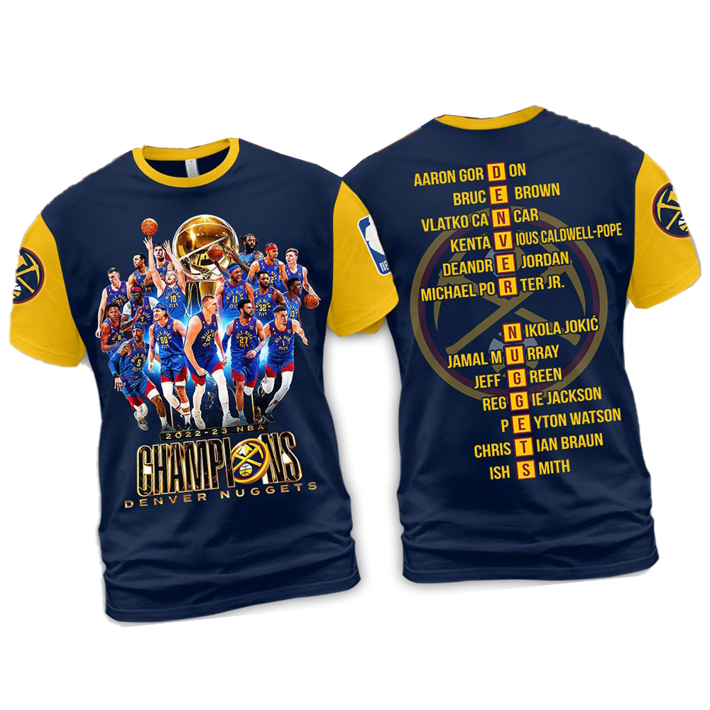 2023 Nba Champions Final Denver Nuggets Team Porter Jokic Navy Design Hoodie T-shirt