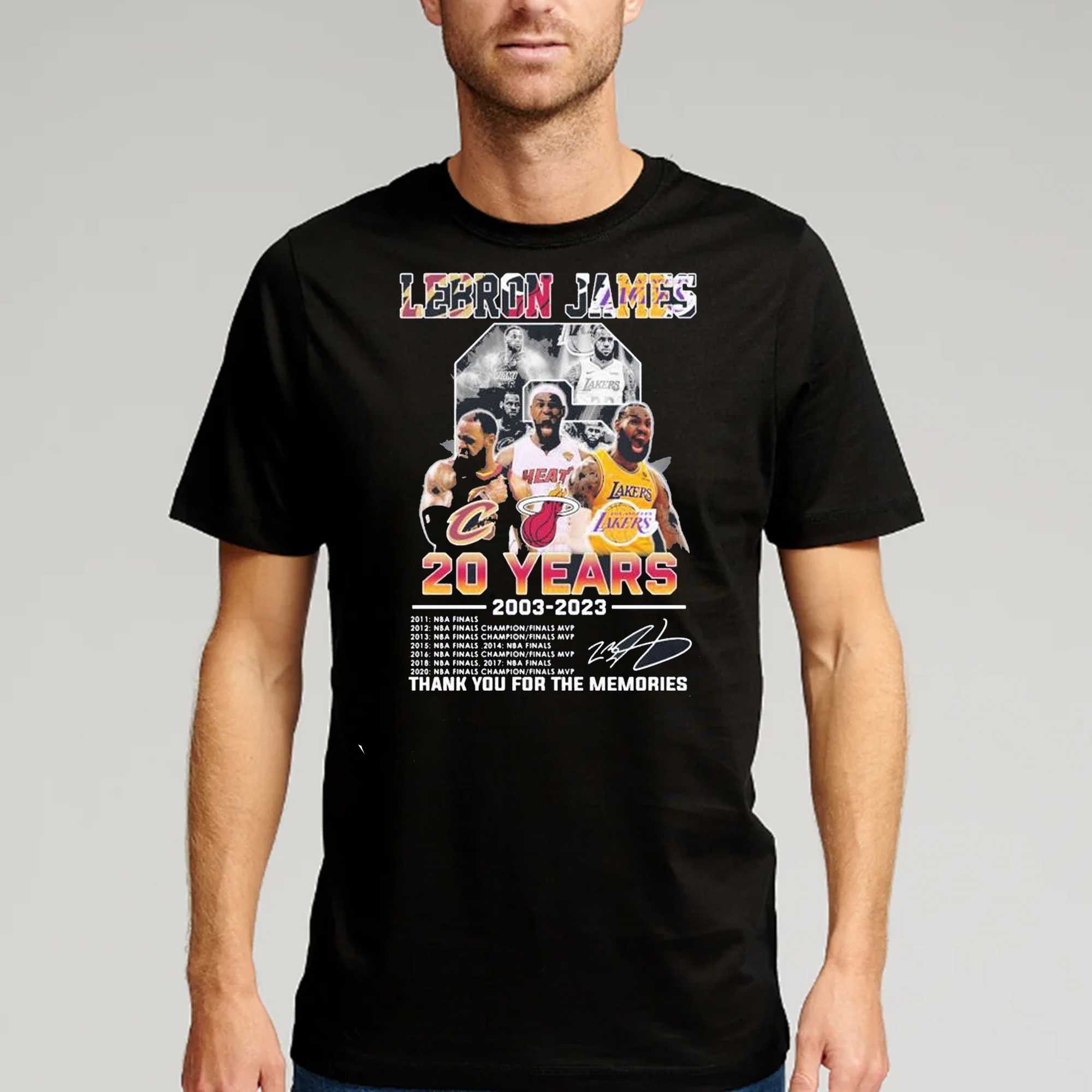 Lebron James 20 Years 2003-2023 La Lakers Miami Heat Cleveland Cavaliers  Signatures Shirt