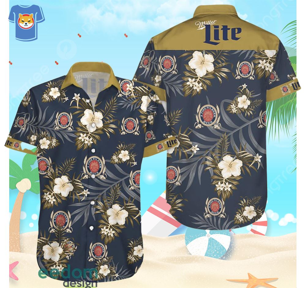 Miller Lite Hawaiian Shirt Tropical Flower Pattern