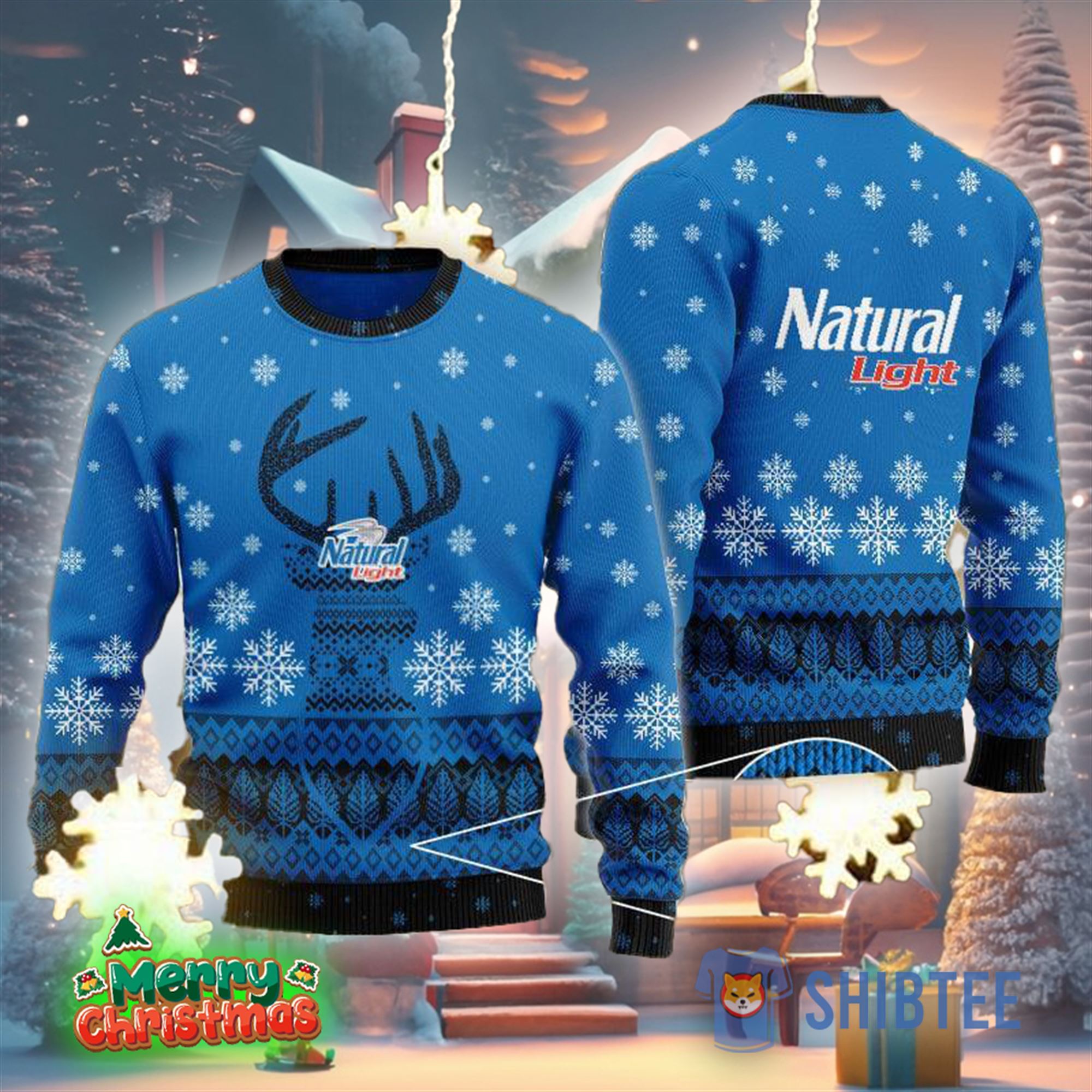 Blue Natural Light Reindeer Snowy Ugly Christmas Sweater Gift For Men Women 