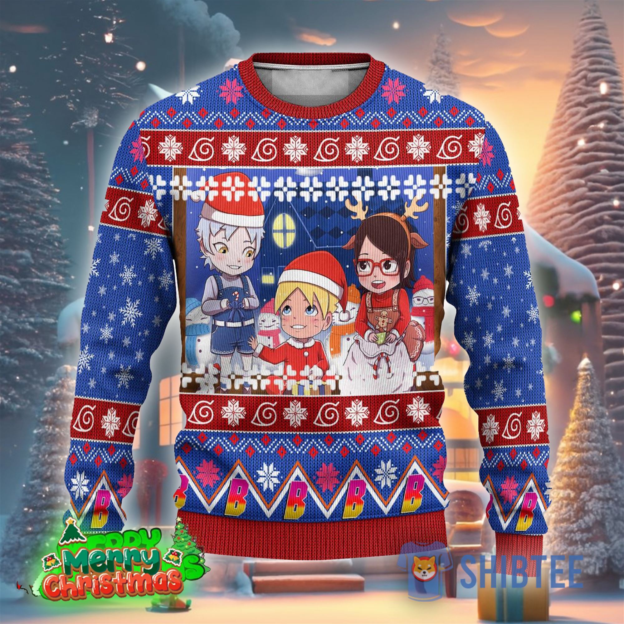 Boruto Chibi Knitted Ugly Christmas Sweater Bluefor Men And Women 