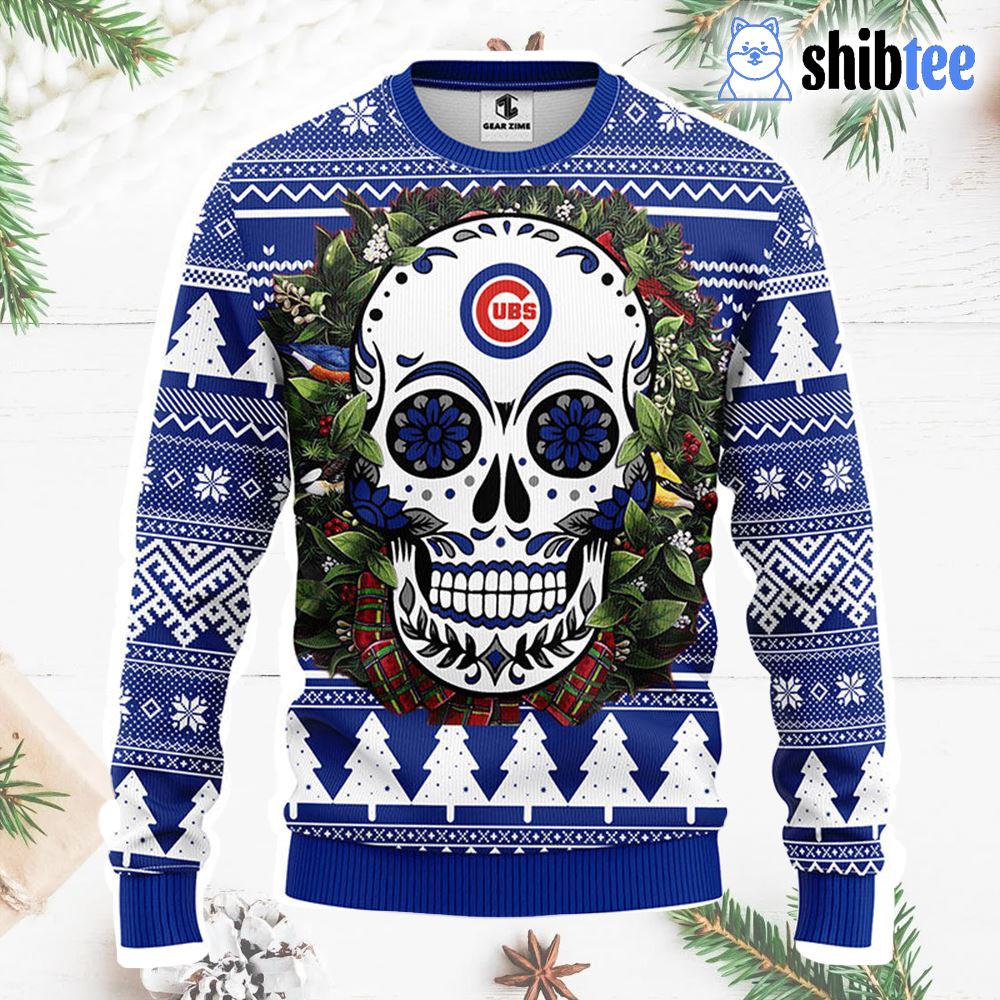 Chicago Cubs Skull Flower Ugly Christmas Ugly Sweater - Shibtee Clothing