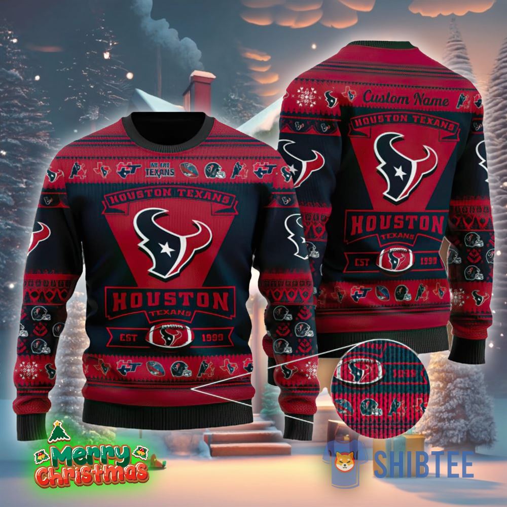 Houston Texans Football Team Logo Custom Name Christmas Gift All Over Print Ugly Christmas Sweater 