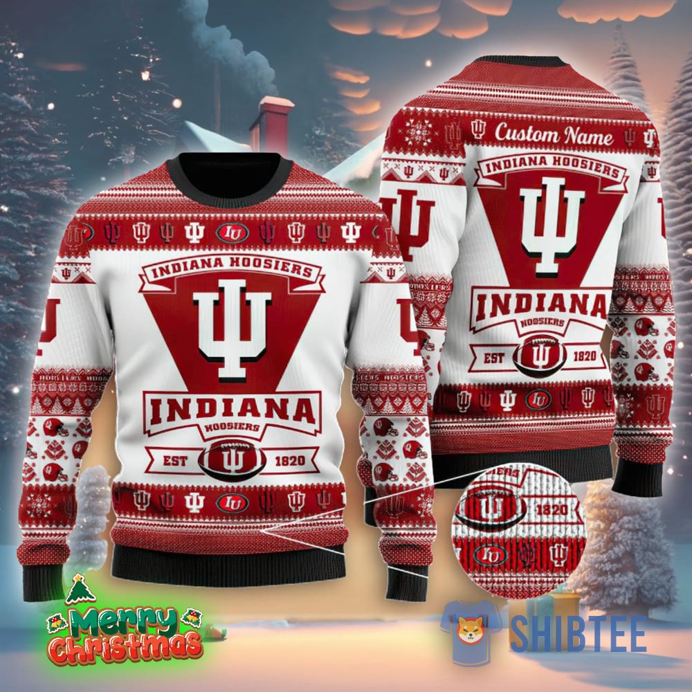 Indiana Hoosiers Football Team Logo Custom Name Christmas Gift All Over Print Ugly Christmas Sweater 