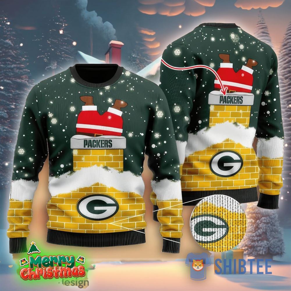 Nfl Green Bay Packers Custom Name Text Santa Down The Chimney Christmas Gift All Over Print Ugly Christmas Sweater 