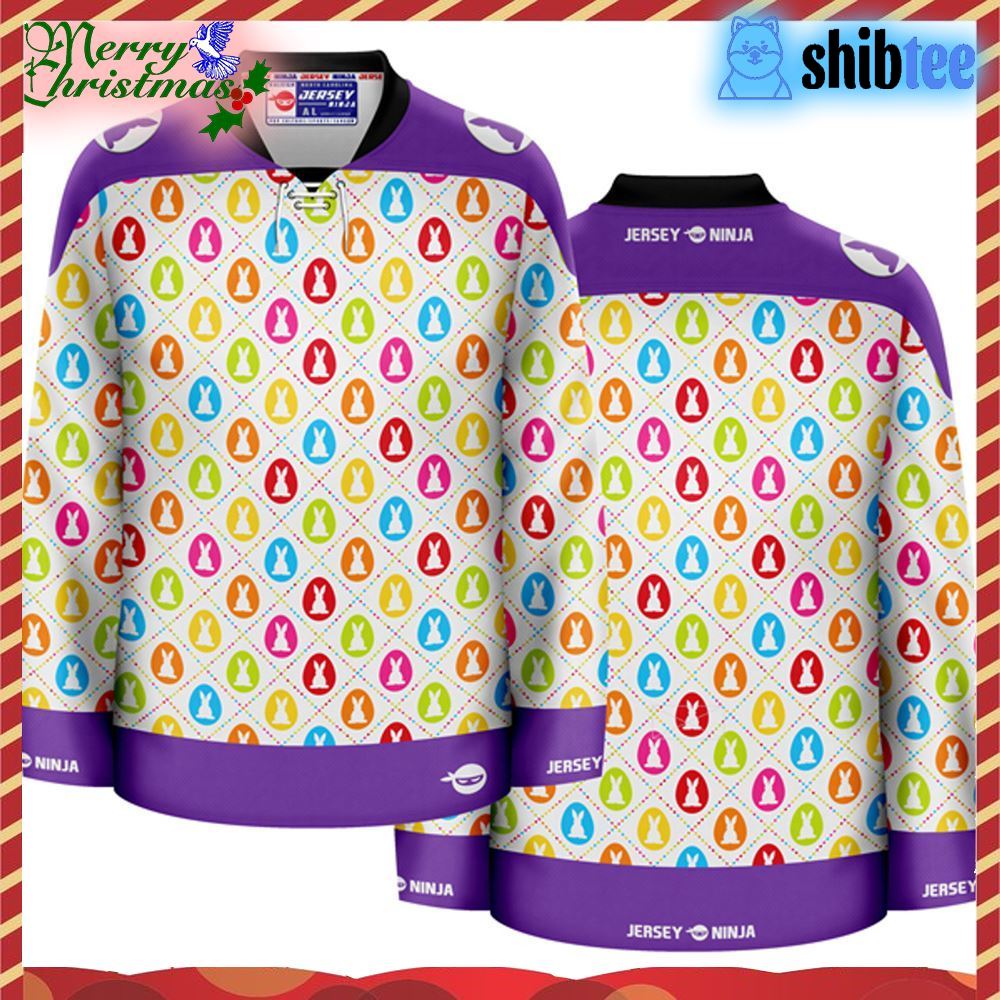 Jersey Ninja - Easter Dotted Rabbits Ugly Sweater Hockey Jersey