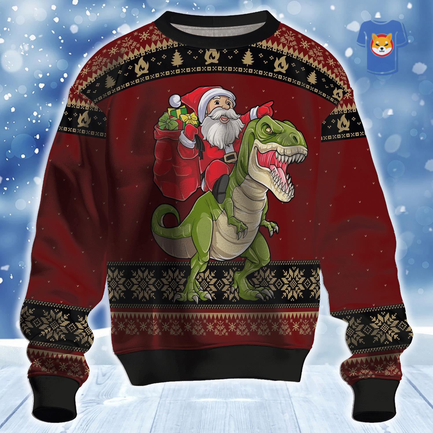 Santa And Tyrannosaurus Ugly Christmas Sweater 