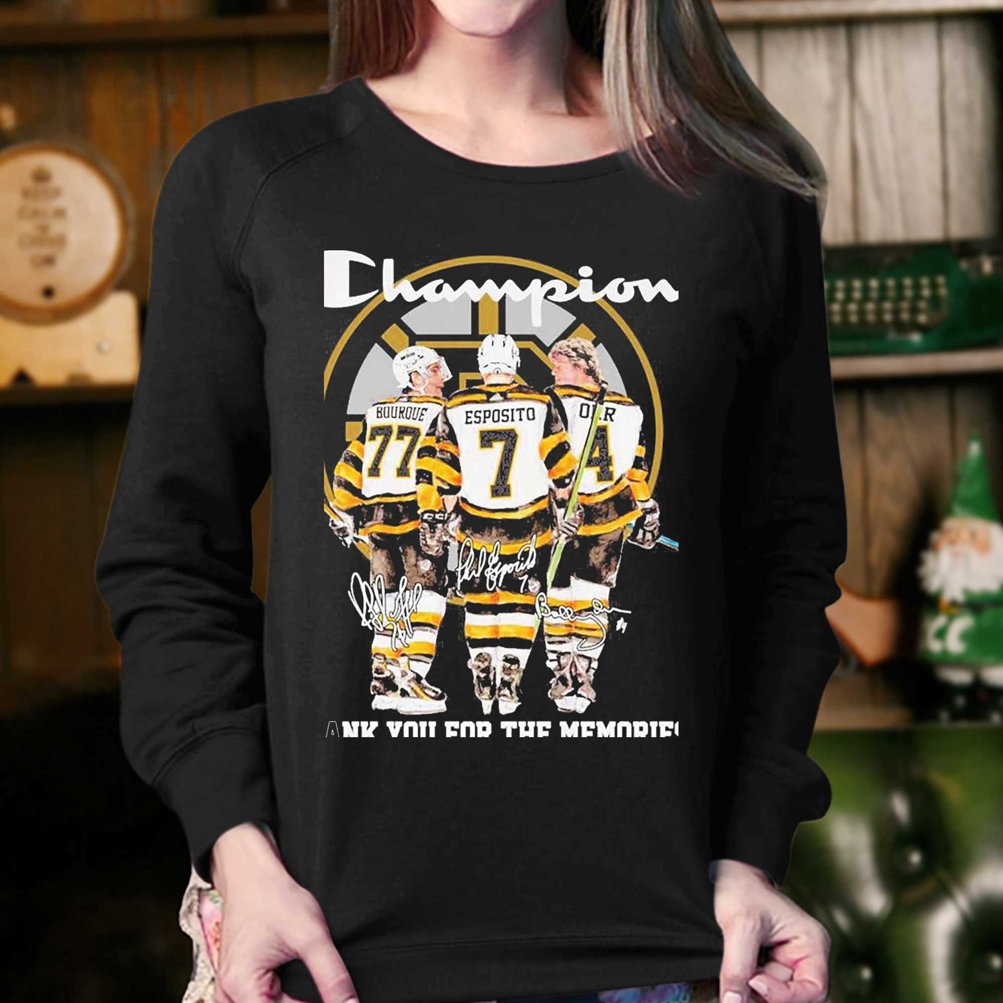 Champion Patrice Ray Bourque Phil Esposito and Bobby Orr Boston Bruins  Thank you For The Memories Signatures Shirt, hoodie, sweater, long sleeve  and tank top