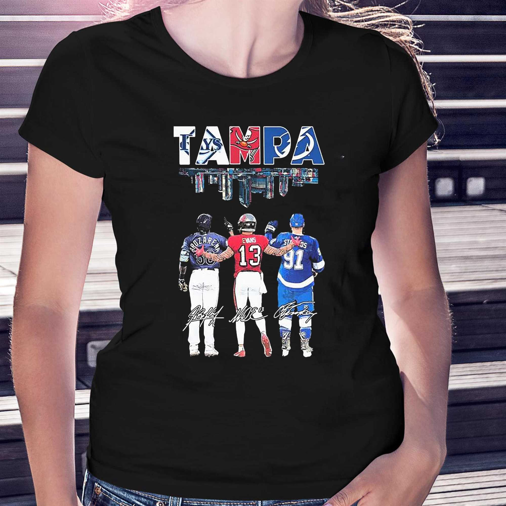 Randy Arozarena Mike Evans And Steven Stamkos Tampa Bay Skyline Sport  Signatures Shirt - Shibtee Clothing