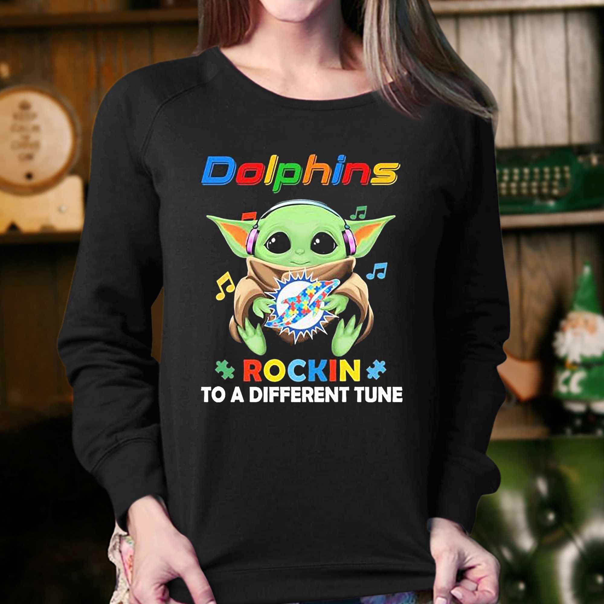 Autism Miami Dolphins Baby Yoda Rockin To A Different Tune Shirt 