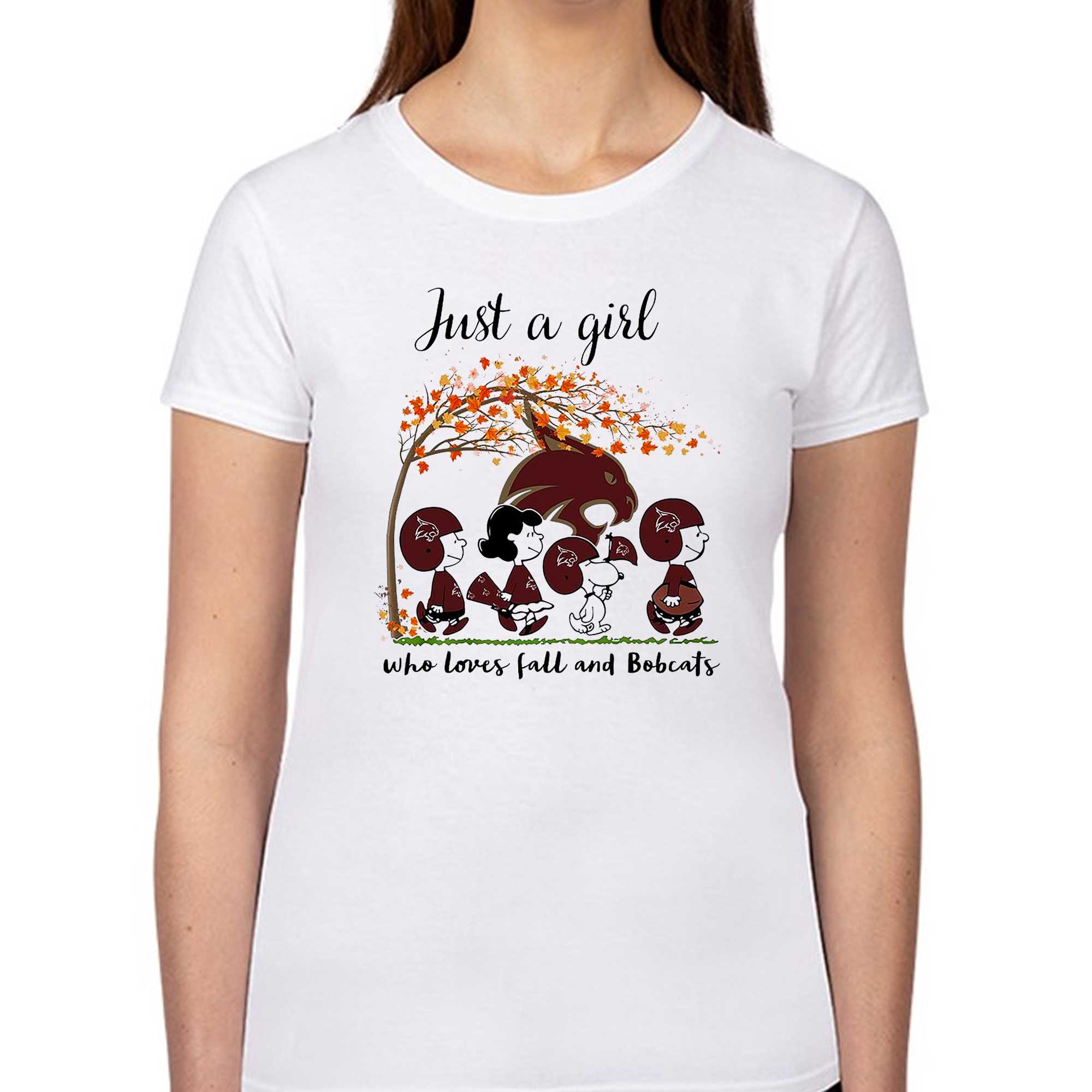 morgenmad Korrespondent fødsel Just A Woman Who Loves Fall And Texas State Bobcats Peanuts Cartoon T-shirt  - Shibtee Clothing
