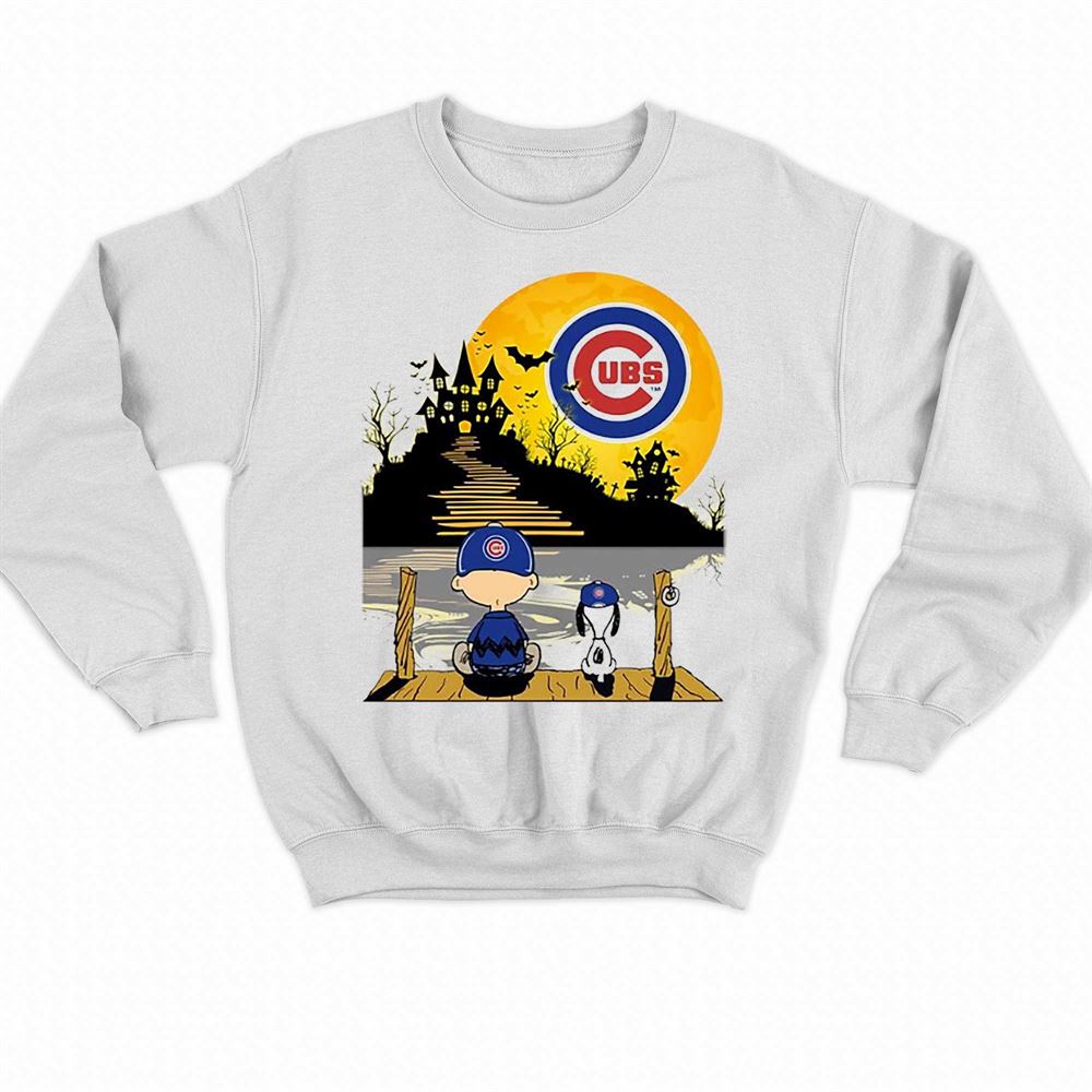 Snoopy Charlie Brown Sit Under Moon Chicago Cubs Halloween Shirt