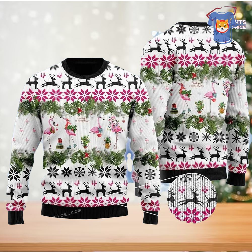 Jingle Bells And Pink Flamingo Xmas Ugly Sweater - Shibtee Clothing