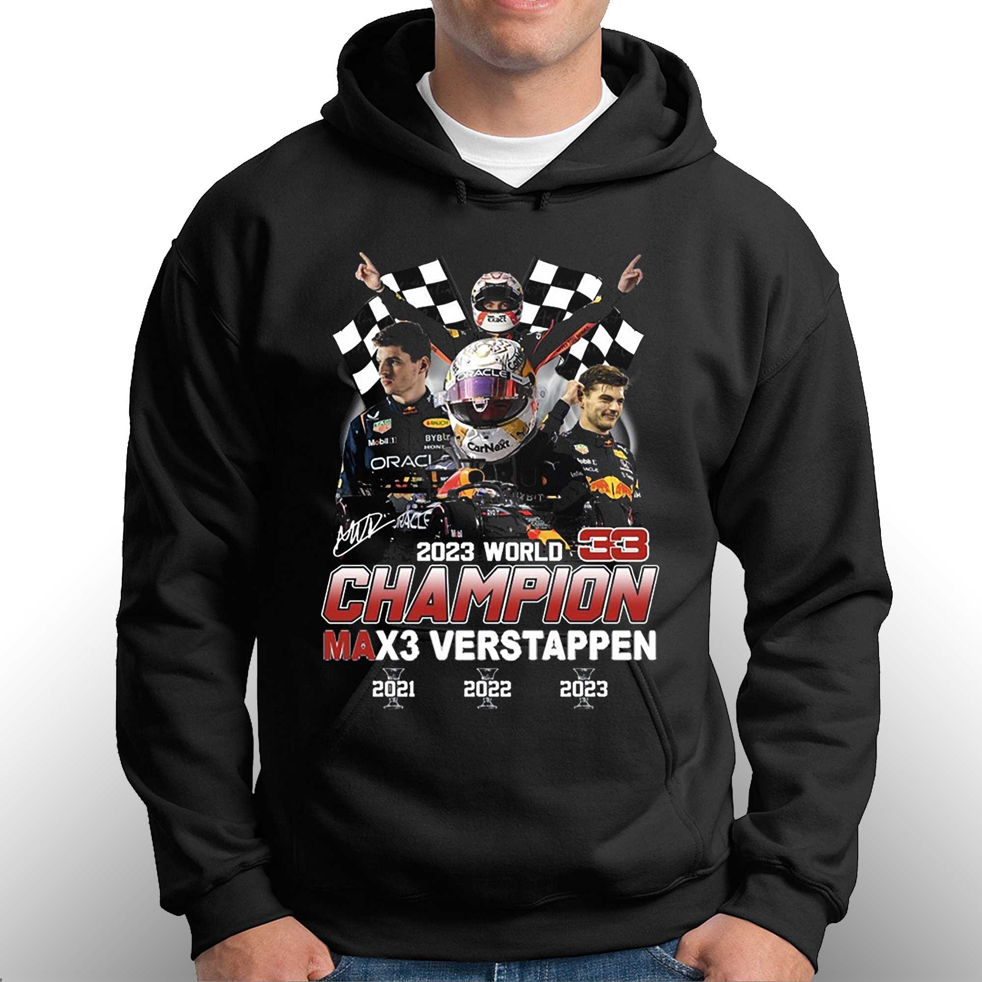 Max Verstappen Three Times World Champion 2023 Red Bull Racing Team 3D Shirt  - Mugteeco