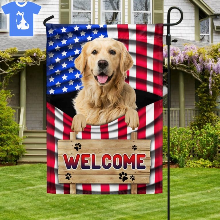 golden retriever dog welcome american flag